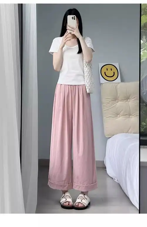 冰丝阔腿裤子女夏季薄200斤胖mm高腰显瘦大码300斤宽松九分直筒裤