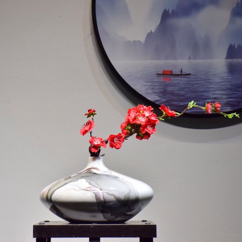 轻奢新中式中式景德镇陶瓷花瓶扁瓶禅意插花简约客厅花瓶