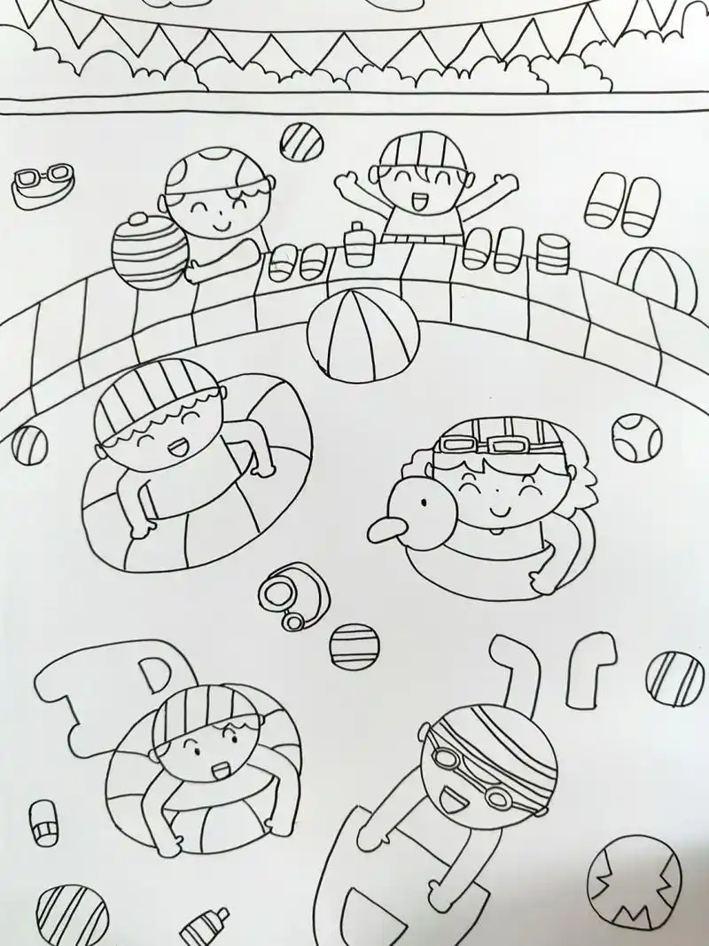 泳池嬉水 可爱儿童画