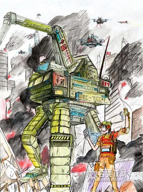 优秀中学生科幻画《抢救掘进机》