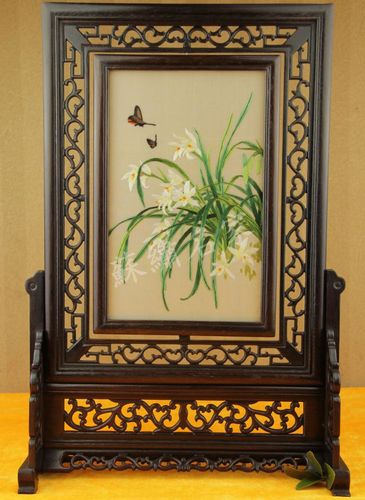 苏绣名家特价促销双面绣刺绣摆件鸡翅木屏风公司商务馈赠礼君子兰