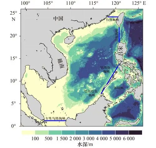 图                   南海水深及其主要海峡