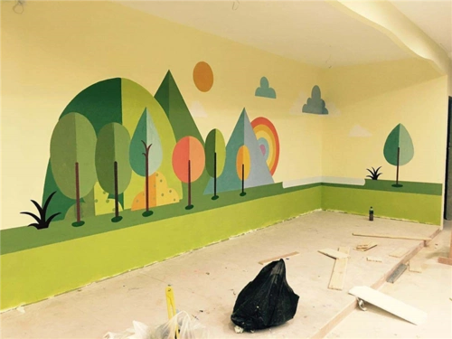 名称: 幼儿园墙绘 描述: 墙绘的画法  具体画法:  ①干壁画,在粗泥,细