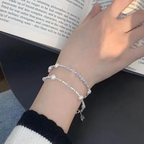 蒂奇实拍ins风小众天然淡水珍珠手链精致碎银子海蓝宝925纯银手饰