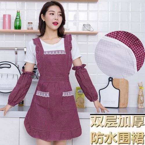 防水围裙女家用厨房做饭防油餐厅工作棉格可爱背带韩版时尚罩衣