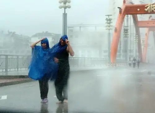 8月10日,福建福鼎市的两位市民在风雨中艰难前行.