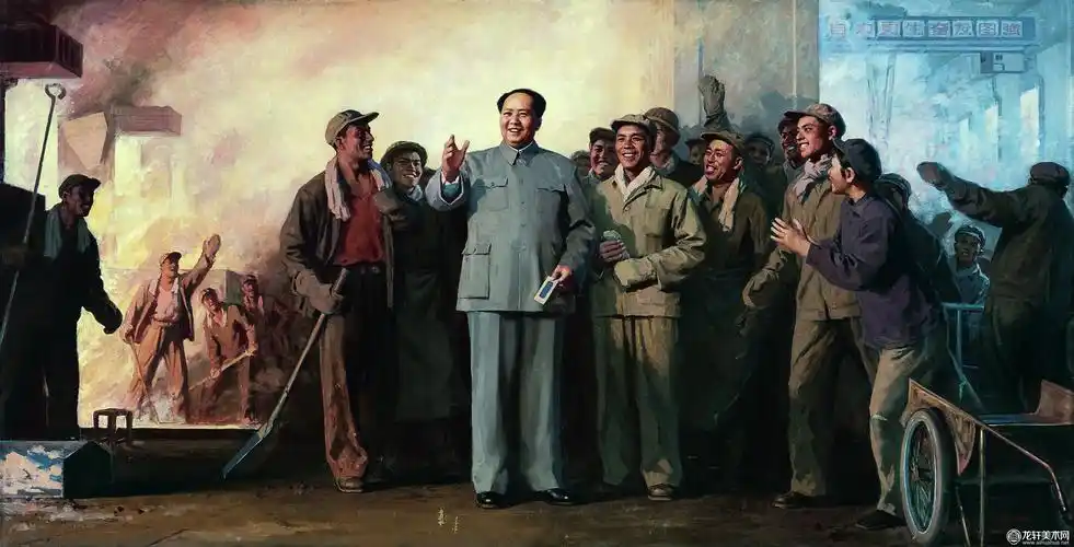 靳尚谊《毛主席在炼钢厂》工业题材红色经典人物群像油画高清大图