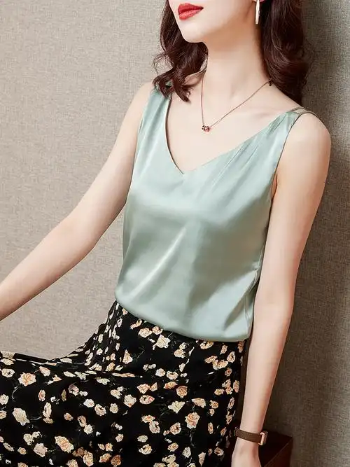 2021春夏新款真丝吊带背心女外纯色领桑蚕丝背心吊带