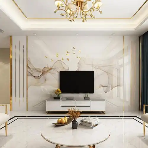轻奢电视背景墙影视客厅简约现代微晶石uv渗墨石材大板瓷砖墙边框