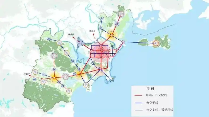 将汕头市规划公交线网分为轨道交通线网,常规公交线网以及辅助公交线