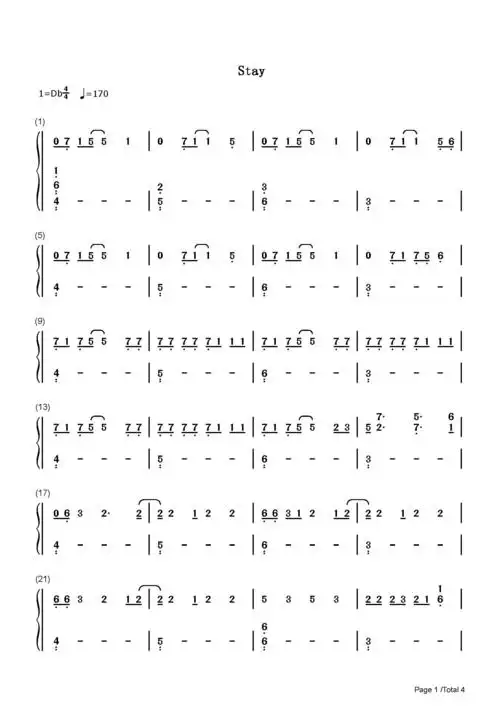 stay钢琴谱thekidlaroijustinbieber降d调流行钢琴简谱
