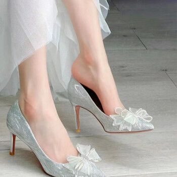 蒂乐奇(dileqi)气质蝴蝶结高跟鞋女大学生法式名媛水晶鞋银色婚鞋水钻