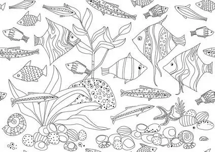 无缝质地与鱼群和海藻为您的着色书照片