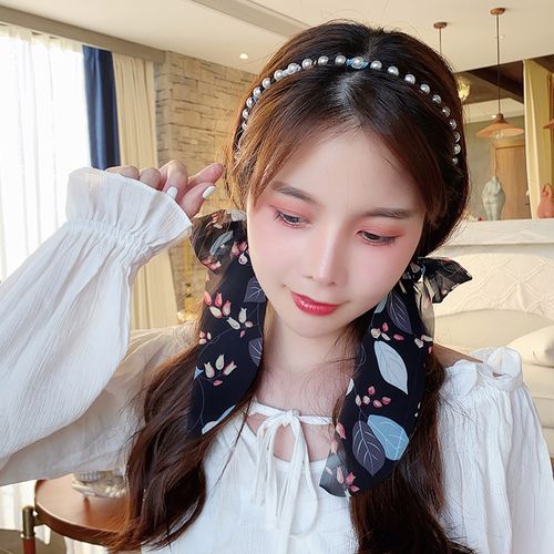 港风造型编绑发发带长飘带森系蝴蝶结头绳珍珠复古丝巾发绳发箍女