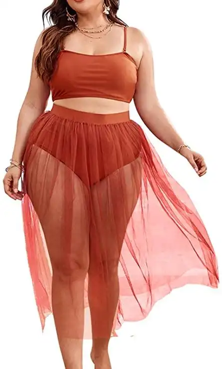 女式 3 件套加大码高腰比基尼和网眼沙滩罩裙泳衣套装