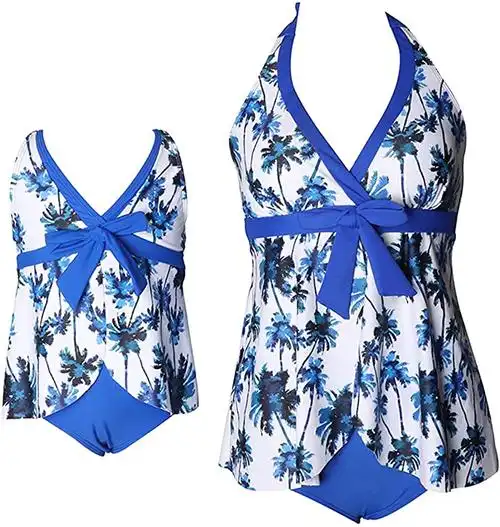 gorife mommy and me 配套家庭泳装荷叶边印花泳装比基尼泳装沙滩装