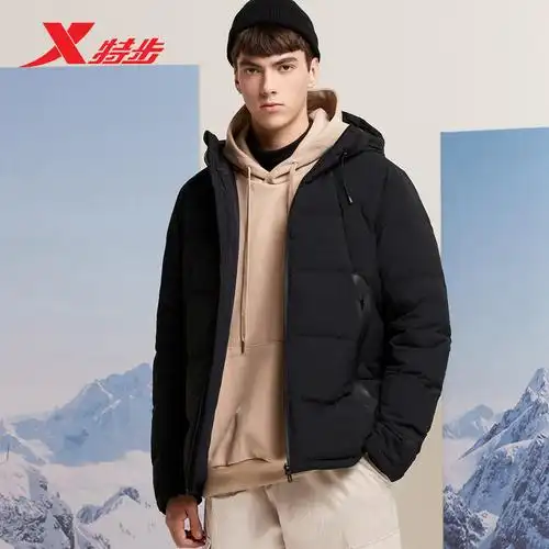 特步男羽绒服秋冬季节男装秋冬款防寒保暖加厚上衣连帽羽绒外套-mc母