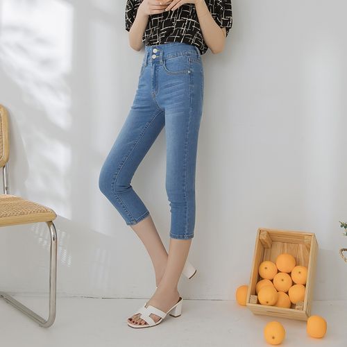 桔熊夏季七分牛仔裤子女抓纹收腹高腰修身小脚裤200斤大码ba5471 - 桔