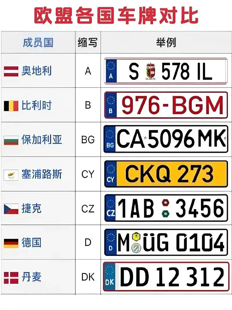 "欧盟各国的汽车牌照对比,颜色和格式基本统一"#车牌 #牌照 - 抖音