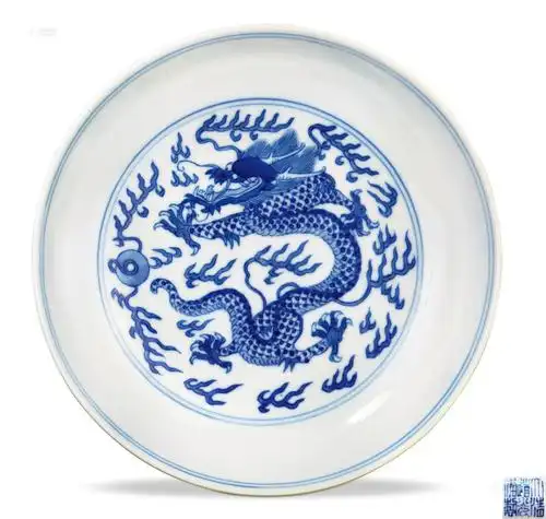 1393清青花龙纹盘一对