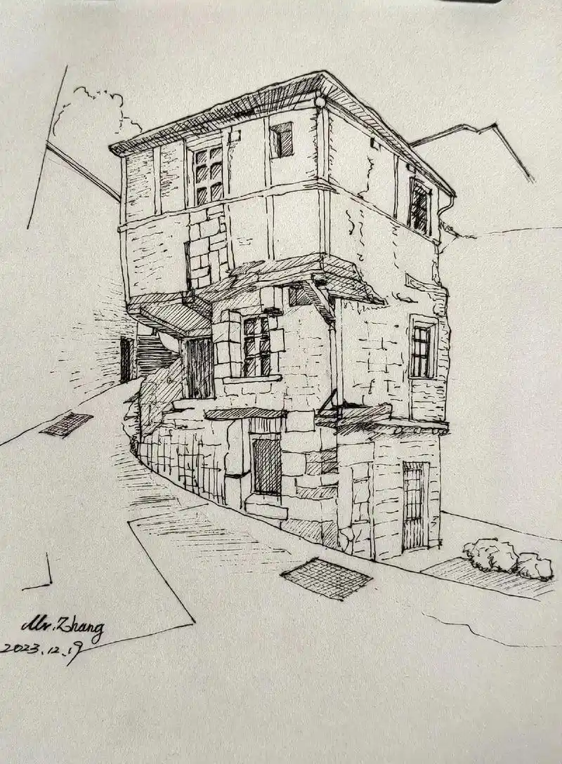 钢笔建筑速写,14世纪古老民宿.由于后 - 抖音