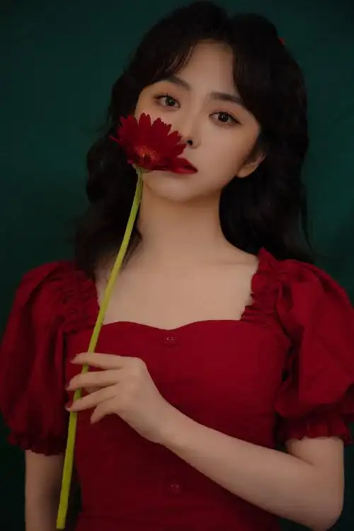 谭松韵复古红泡泡袖短裙