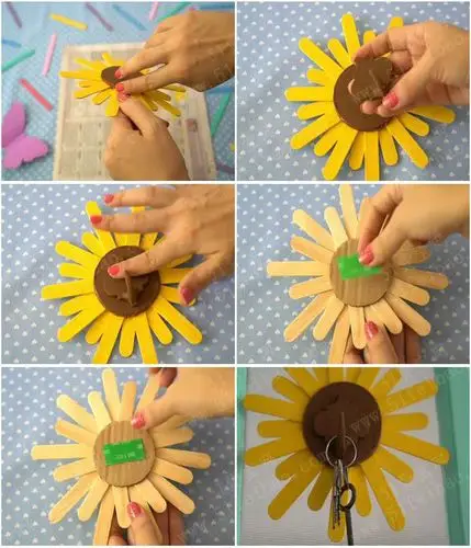 巧用雪糕棍做墙饰向日葵挂钩 - 废物利用手工diy小制作 - 51费宝网