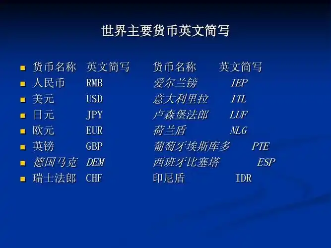 货币名称 人民币 美元 日元 欧元 英镑 英文简写 rmb usd jpy eur