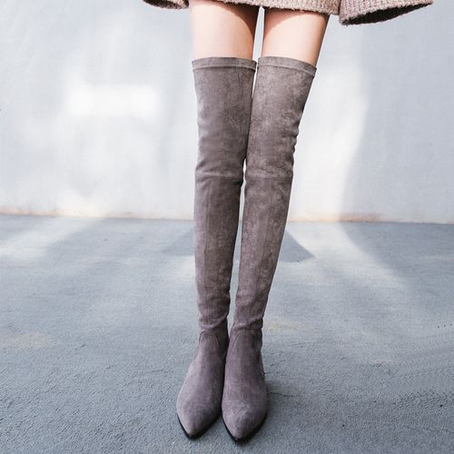 长筒靴女过膝2017春秋新款潮显瘦弹力布粗跟绒面真皮冬季加绒长靴