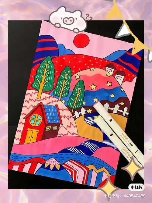 她创作的题材很丰富有马克笔平涂,黑白装饰画,丙烯平涂,水彩,水粉.