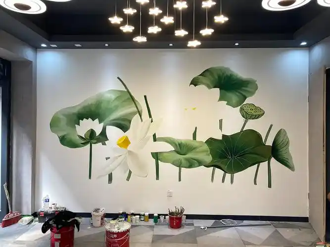 荷花墙绘 写实荷花手绘莲花墙体彩绘