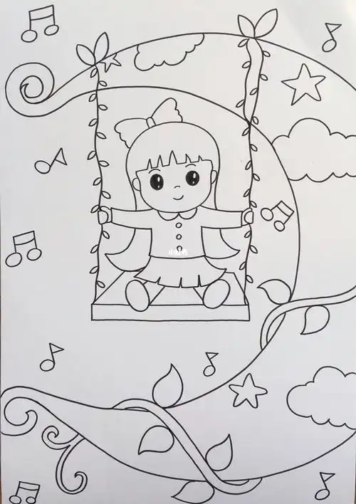 月亮上荡秋千的女孩马克笔儿童画