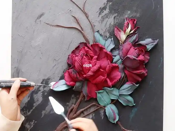 有手就行浮雕花玫瑰刮刀画做法教程肌理画