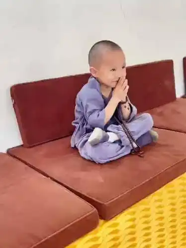 小和尚的爸爸来寺院看小和尚,他师兄说"打坐要严肃认真"