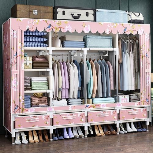 布衣柜钢管加固简约现代带抽屉简易组装挂衣橱出租屋房用新款衣架