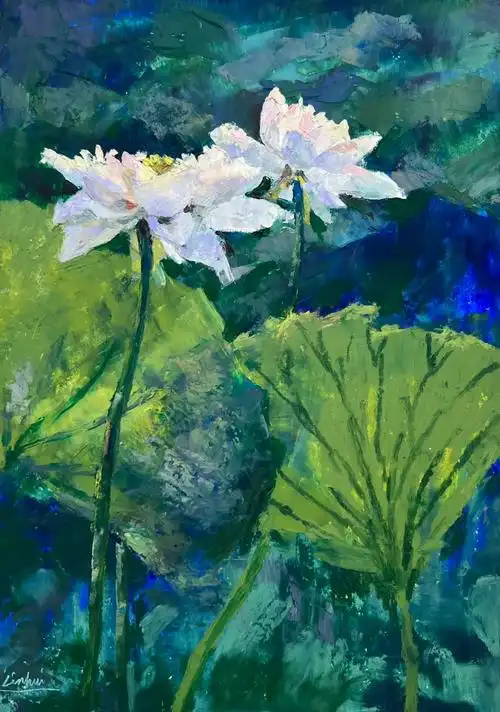 油画棒刮刀荷花有步骤