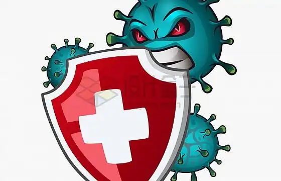 绿色的卡通新型冠状病毒正在咬红十字防护盾png图片免抠矢量素材