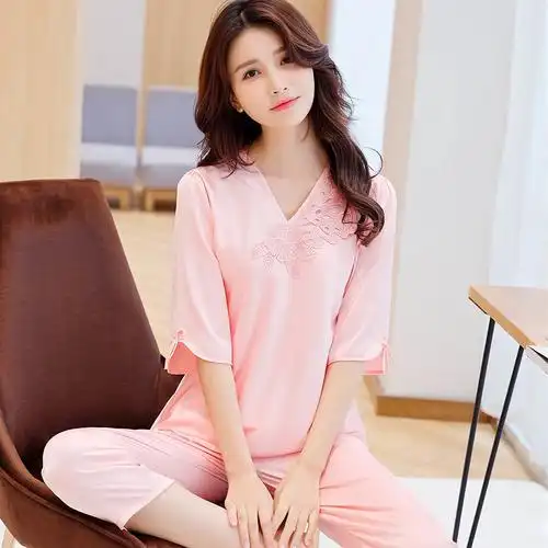 睡衣夏天丝绸短袖七分裤薄款春夏季女士冰丝家居服套装女式ins风21891