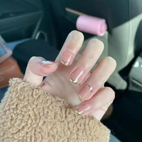 果冻色透粉中短方头甲金边法式甲圆法式美甲成品假指甲美甲穿戴甲