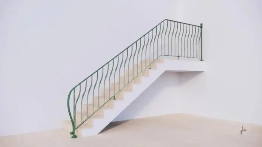 这款是我比较喜欢的一款铁艺,扶手蜿蜒落下,仿古做旧的颜色.