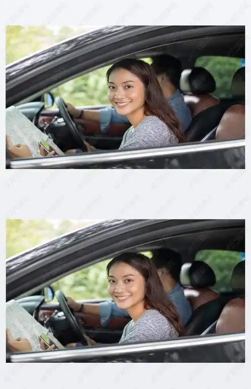 使用智能手机和地图的男人开车上居留权的亚洲女人