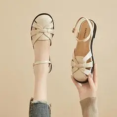 daphne达芙妮时尚百搭罗马凉鞋女夏季软底平底法式猪笼包头编织女鞋