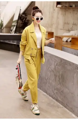 时尚休闲牛仔套装女2020春季新品字母刺绣西装领牛仔短外套女牛仔长裤