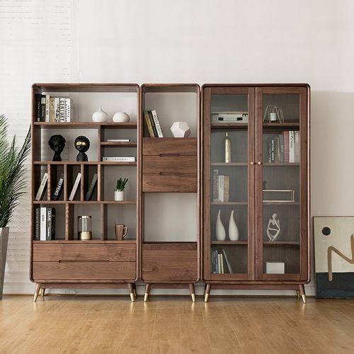 北欧胡桃木实木组合书柜客厅展示柜立柜玻璃门多功能组合书柜