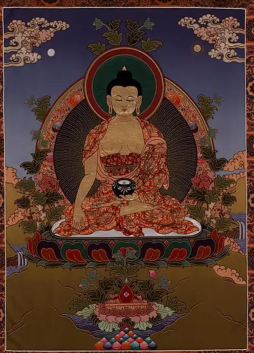 唐卡 尼泊尔彩绘药师佛左手持药钵立轴 绢本 (8544x11904px 350)