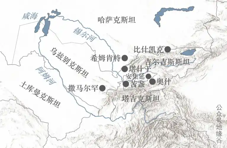 流域的希姆肯特,塔拉斯河流域的塔拉兹,泽拉夫尚河流域的撒马尔罕