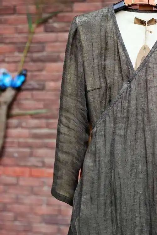 中式原创设计棉麻女装中式复古亚麻长袍宽松收腰连衣裙袍子茶服禅服