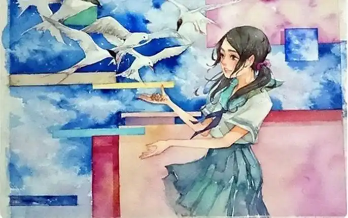 水彩画放飞鸽子的小女孩