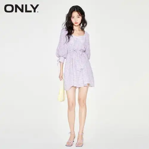 only连衣裙系带镂空背部领格夏季方领格法式灯笼连衣裙
