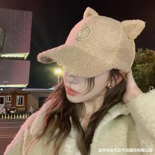 新款韩版帽子女冬季保暖羊羔绒棒球帽子甜美可爱网红耳朵鸭舌帽子